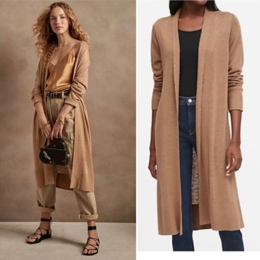 Banana Republic Camel Tan Longline Duster Cardigan Open Front Side Slit Large P